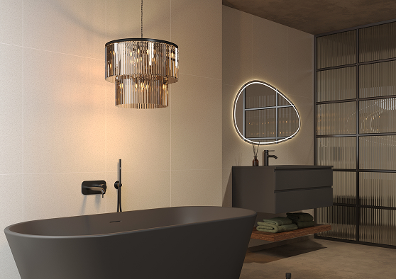 Schuin aanzicht van een badkamer met Fibo wandpanelen van de collectie Salted Stone 60 x 80 cm