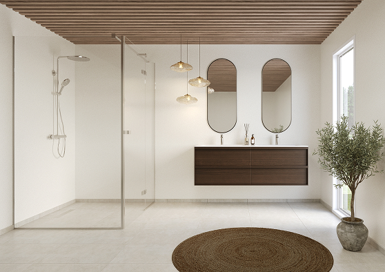 Een badkamer met Fibo wandpanelen van de collectie Salted Stone zonder voeglijn