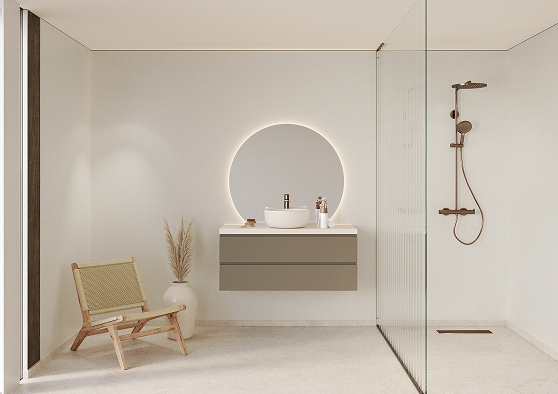 Een badkamer met Fibo wandpanelen van de collectie Salted Stone zonder voeglijn