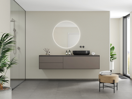 Een badkamer met Fibo wandpanelen van de collectie Salted Stone zonder voeglijn