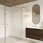 Schuin aanzicht van een badkamer met Fibo wandpanelen van de collectie Salted Stone 60 x 60 cm