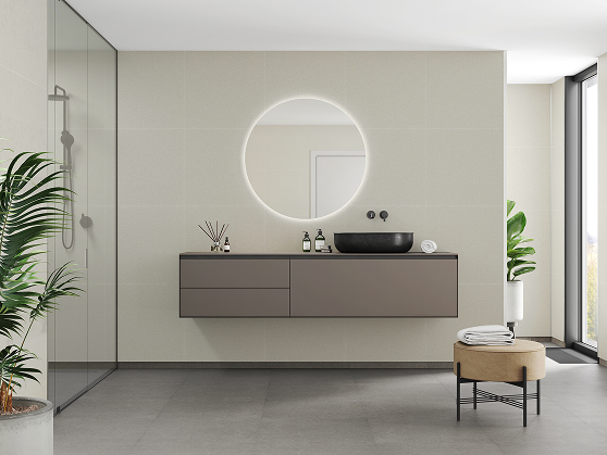 Een badkamer met Fibo wandpanelen van de collectie Salted Stone 60 x 60 cm