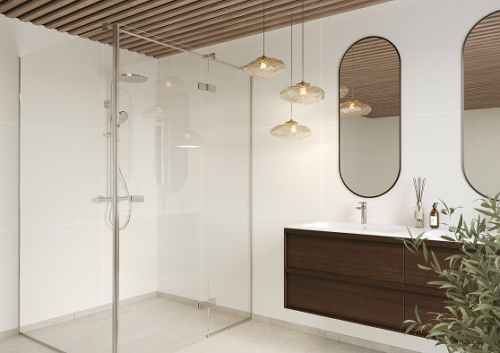 Schuin aanzicht van een badkamer met Fibo wandpanelen van de collectie Salted Stone 60 x 80 cm