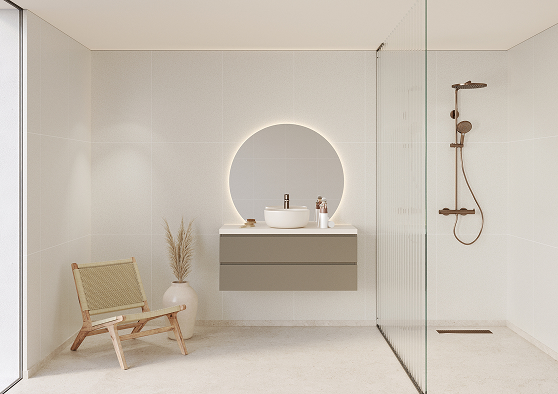 Een badkamer met Fibo wandpanelen van de collectie Salted Stone 60 x 80 cm