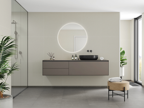 Een badkamer met Fibo wandpanelen van de collectie Salted Stone 60 x 80 cm